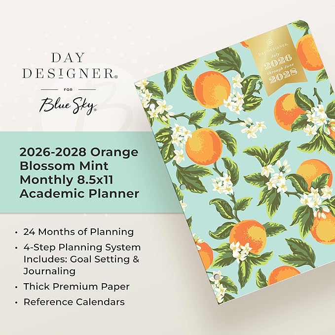 Blue Sky Day Designer 2026-2028 Monthly Academic Year 24 Month Planner Calendar, July 2026 - June 2028, 8.5" x 11", Flexible Cover, Stapled Binding, Orange Blossom Mint