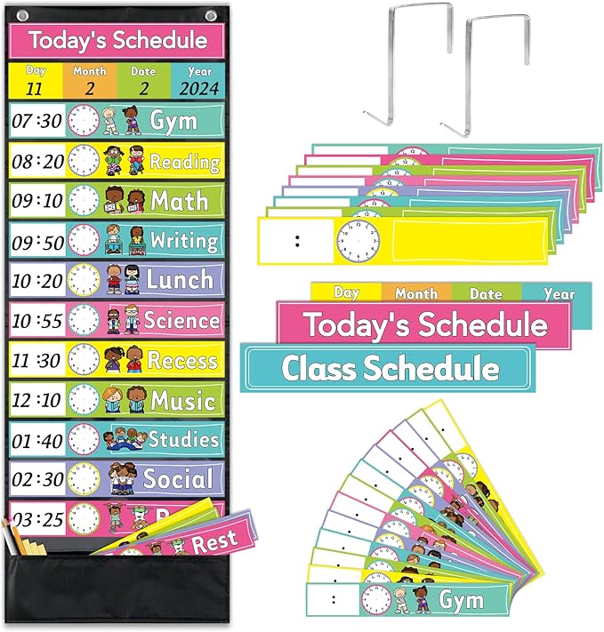 JarThenaAMCS Daily Schedule Pocket Chart 13 x 35.5 Inch 13 + 1 Pockets Visual Schedule Chart Board with 24 Cards for VBS Decoration Sunday School Classroom Home Office Supplies