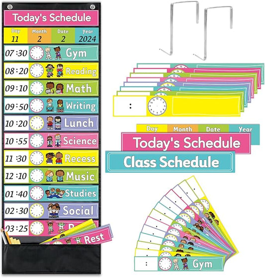 JarThenaAMCS Daily Schedule Pocket Chart 13 x 35.5 Inch 13 + 1 Pockets Visual Schedule Chart Board with 24 Cards for VBS Decoration Sunday School Classroom Home Office Supplies