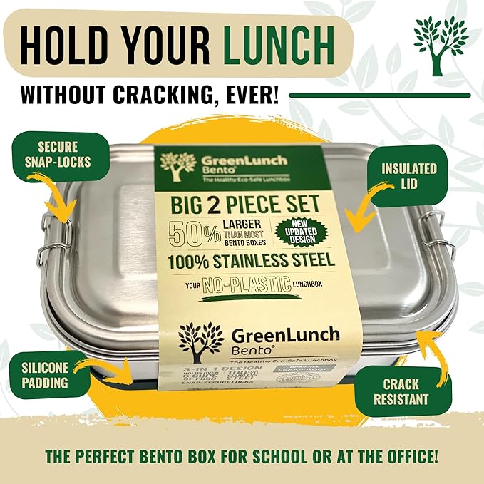 GreenLunch 2-Piece Stainless Steel Bento Box for Adults & Teens | Large 6-Cup BPA-Free Lunch Box with Removable Compartments & Snap Locks | Office, Meal Prep & Travel