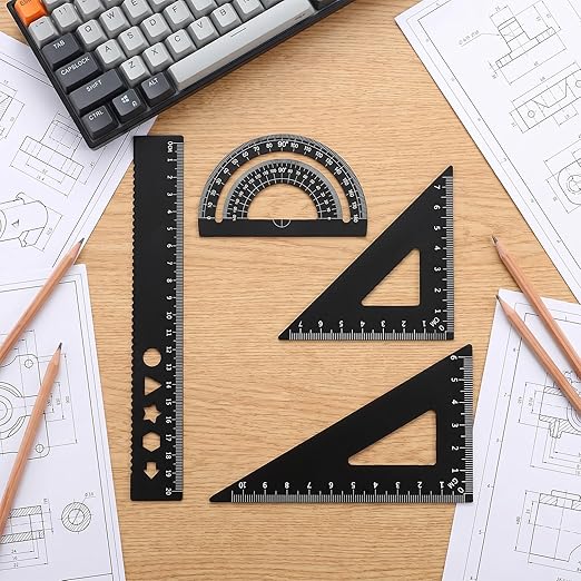 Metal Geometry Set 4 PCS Aluminum Triangular Ruler Set Geometry Math Drafting Ruler Kit Includes Protractor Triangle Rulers Straight Rulers for Math Drawing Drafting Art School Office Supplies (Black)