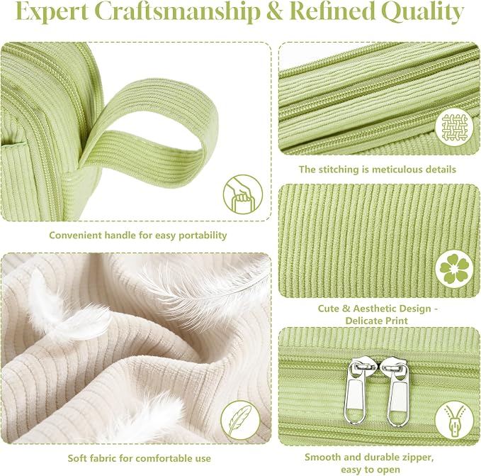 Corduroy Pencil Case, Large Capacity Pencil Pouch with 4 Compartments, Cute Soft Aesthetic Stationery Pen Bag Organizer with Zipper, Portable School Supplies for Teen and Adult Girls, Grass Green