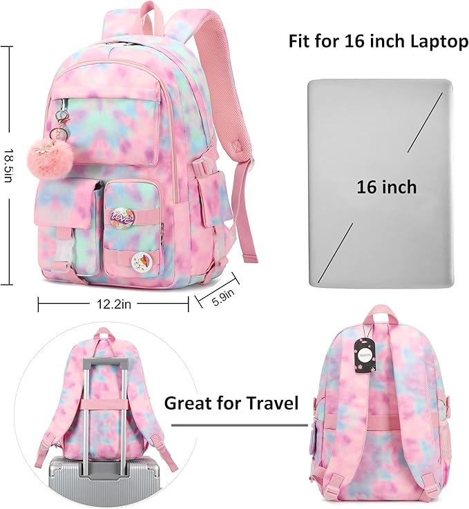 Hidds Laptop Backpacks 15.6 Inch College Backpack Elementary Middle High School Book Bag Kids Cute Bookbags Anti Theft Travel Back Pack Casual Daypack for Teens Girls Women Students (Tie-Dye Pink)