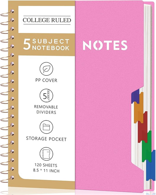 CAGIE Spiral Notebooks for School Work with Removable Dividers Tabs, 8.5” x 11” 5 Subject Notebook College Ruled, Large Lined Journaling Notebook for Women Men Writing, Pink