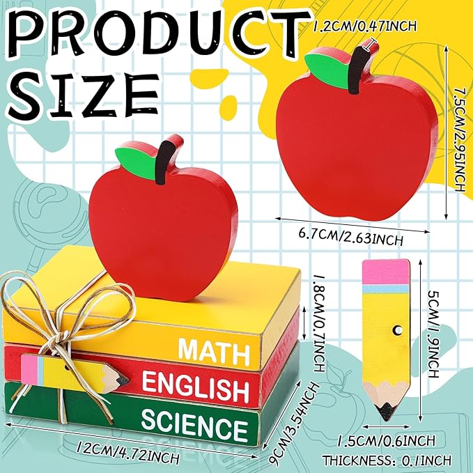 Pinkunn 4 Pcs Back to School Table Decorations, Wooden Apple Centerpiece Stacks Books Block Sign Apple Tiered Tray Decor for First Day of School Tabletop Teachers Gift for Office Classroom Desk Shelf