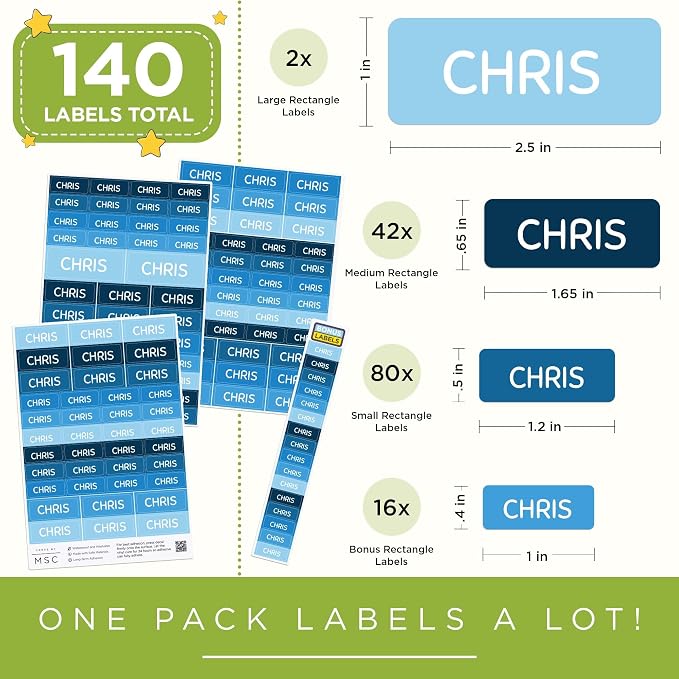 Personalized Daycare Name Washable Labels for Kids, (140 Pack) Waterproof Custom Name Stickers for Clothing Tags, Lunch Boxes and School Supplies, Made in USA by MSC -Lagon