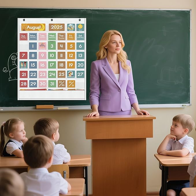 Yoink 49 Pockets Classroom Calendar Pocket Chart with 77 Cards, Daily Monthly Learning Calendar for Circle Time Weather Seasons, Preschool Kindergarten Homeschool Must Have, Teacher Supplies (White)