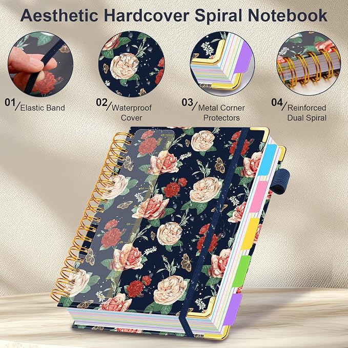 Spiral Journal Notebooks for Work, 300 Pages 5 Subject Notebook College Ruled with Dividers & Tabs, A4 Notebook Journal for Women Students Note-Taking and Organizer (Velvet Bloom)