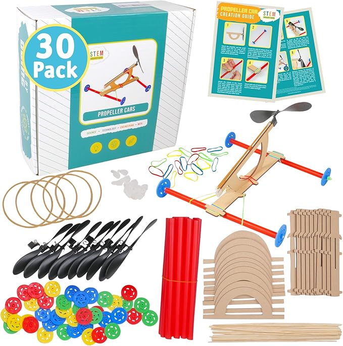 Rubber Band Propeller Car Kit, 30-Pack – Build 30 Rubber Band Propeller Cars, Complete STEM Engineering Project Kit for Classrooms, Ages 8+