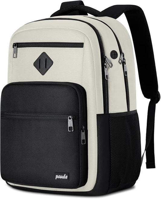 Paude Backpack Black Beige,School Backpack for Teens Adults Laptop Bookbag for High School College Students Back Pack for Work