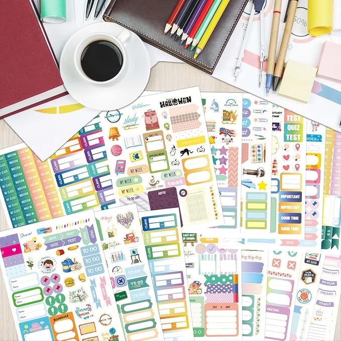 Student Planner Stickers Pack, 24 Sheets of School Planner Stickers, Set of 1,700+ Stickers for Your College Academic Planner, Journal or Calendar