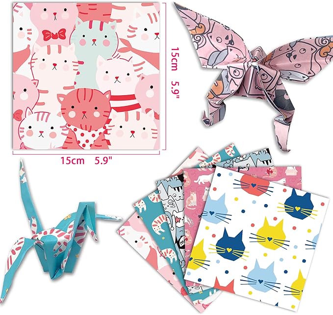 Origami Paper 6x6 Double Sided 50 Sheets 10 Colors origami kit Japanese Chiyo Square Craft Kits Easy Fold Arts Crafts DIY Handwork Cat Family