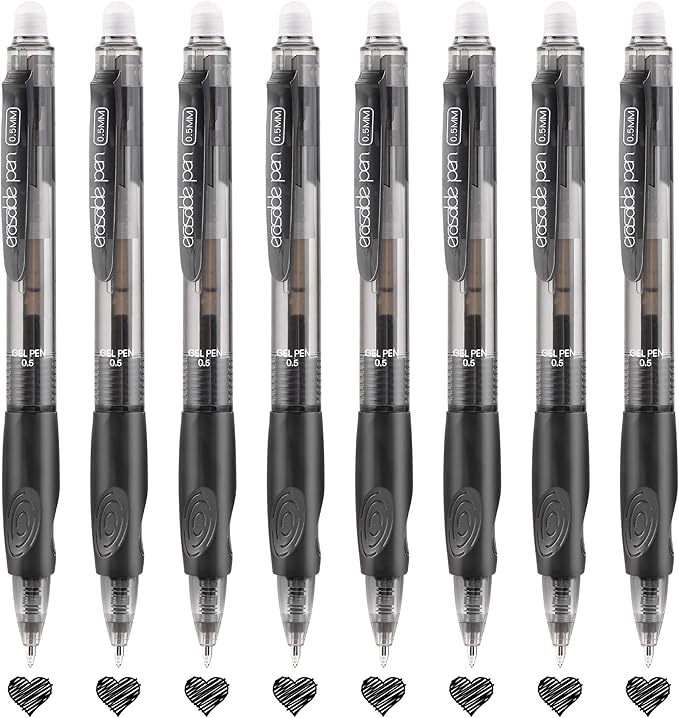 USUAL Retractable Erasable Gel Pens, 0.5mm Fine Point, 8 Black Ink Pens, Make Mistakes Disappear, Smooth Writing for Office & Back-to-School Supplies