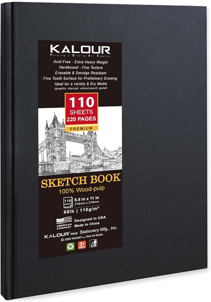 Kalour Hardcover Sketch Book,8-1/2 inch x 11 inch, 110-Sheets (68lb/110gsm),Acid Free Art Sketchbook, Artistic Drawing Painting Writing Paper for Adults Beginners Artists