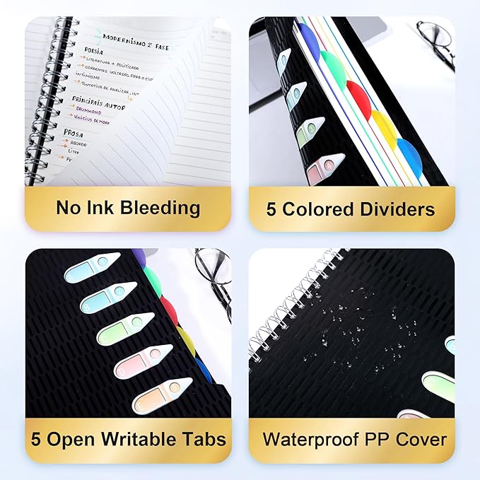 CAGIE 5 Subject Notebook with Dividers, A4 Spiral Notebook 8.5 x 11, 240 Pages Wide Ruled Notebook College Ruled, Large Hardcover Notebook for Note Taking for Work, School, Office, Black