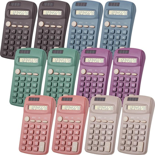 Tellegloww 12 Pcs Pocket Size Solar Calculators Bulk for Classroom Mini Basic Calculator Solar Battery Dual Power 8 Digit Display for Kids Student School Office Accounting Tool