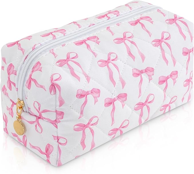 Makeup Bag Travel Toiletry Bag for Women, Small Cosmetic Bags Cute Quilted Cotton Makeup Pouch for Purse Emergency Bag Pencil Case Accessory Bag, Ribbon Bow
