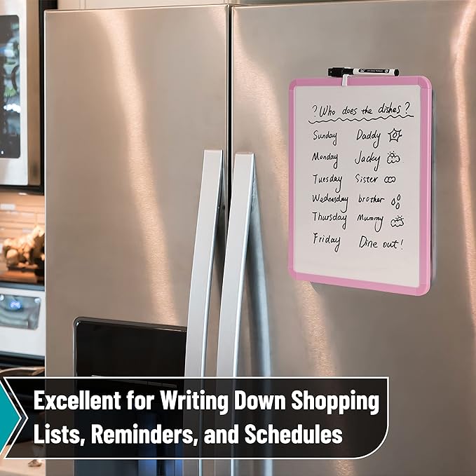 Mr. Pen- Dry Erase Board, 14” x 11” with a Black Dry Erase Marker, Pink Frame, Small Mini White Board for Students, Fridge, Wall, Locker, Includes Double Sided Tapes