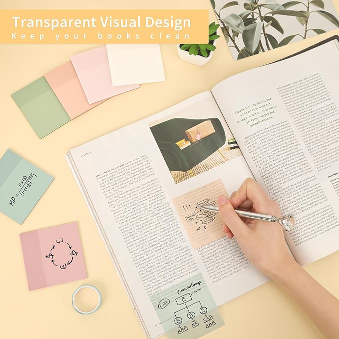 Transparent Sticky Notes, 6 Pads 3x3 Inch, 6 Colors Pastel Clear Self-Adhesive Waterproof Translucent Sticky Notes, 300 Sheets, for Bible Tabs, Book Tabs, School Supplies, Office