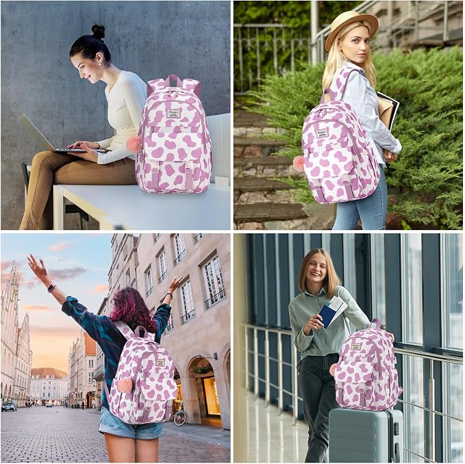 WINDARS School Backpack for Teen Girls, Cute College Backpacks for Women Students Aesthetic Bookbag Large 15.6 Inch Laptop Bag Middle School Travel Back Pack (Cow Print Purple)