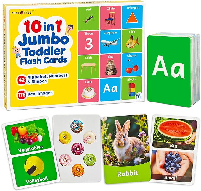 rokt&razo 96 Jumbo Toddler Flash Cards, 10 Topics, 176 Real Images | Alphabet, Numbers, Colors, Shapes & Daily Objects, Fruits - Learning Activities for Ages 1-3, Preschool Educational Tool