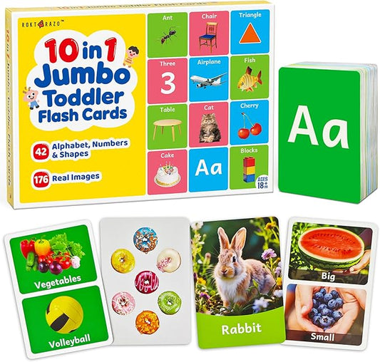 rokt&razo 96 Jumbo Toddler Flash Cards, 10 Topics, 176 Real Images | Alphabet, Numbers, Colors, Shapes & Daily Objects, Fruits - Learning Activities for Ages 1-3, Preschool Educational Tool