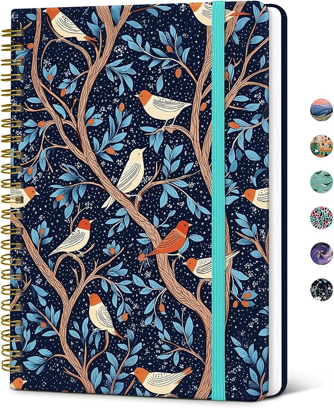 Taja Spiral Lined Journal for Women, Notebook for Work with Pretty Cover, 140 College Ruled Pages, Hardcover Notebook for Journaling, Note Taking, Bible Study, Starry Branches