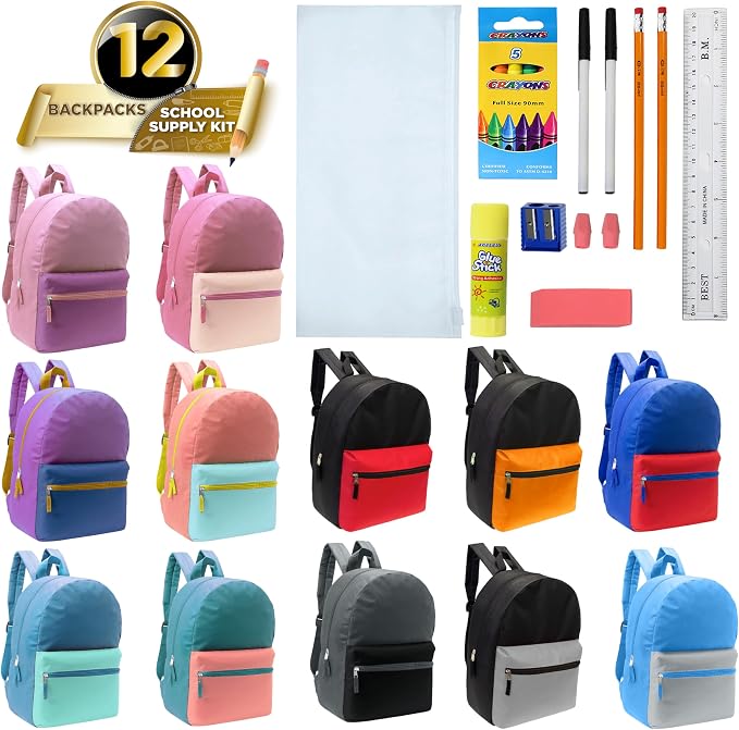 Moda West 17 Inch Bulk Backpacks with 16 Piece School Supply Kit - Case of 12 Wholesale Backpacks in Assorted Colors 6 Boy 6 Girl