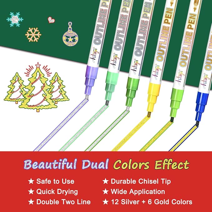Artugn Double Line Markers, 18 Metallic Outline Pens, Silver & Gold