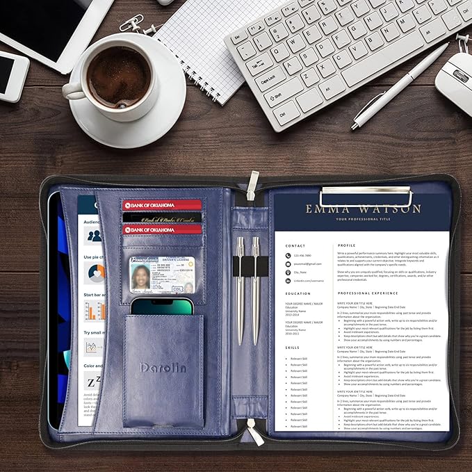 Darolin Vegan Leather Padfolio Portfolio with Handle & Clipboard, Zippered Business Portfolio Organizer for Meetings, Interviews & Travel, Fits A4 & Letter Size, Padfolio for Men Women (Blue)
