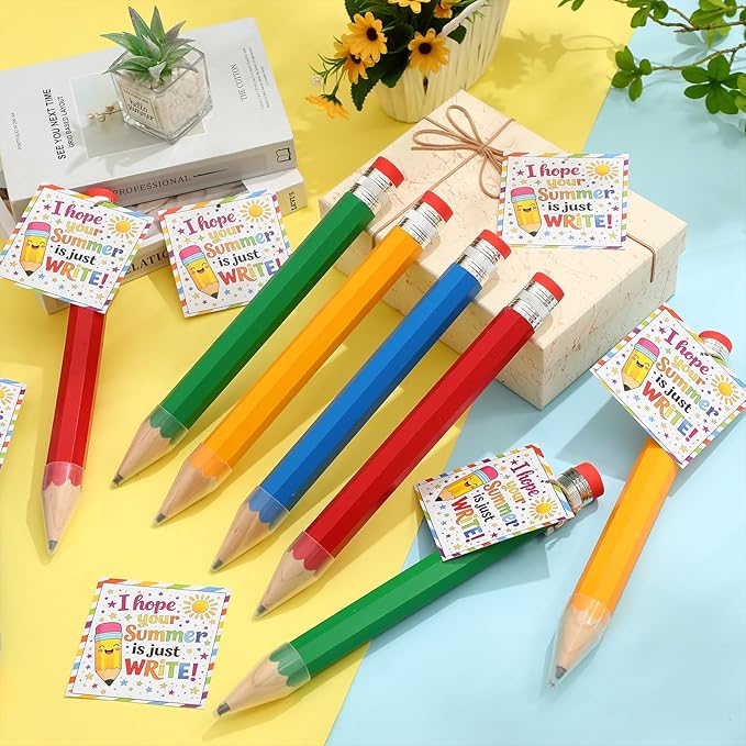 24 Sets End of the Year Student Gifts 13 Inch Big Wooden Jumbo Pencils Set of Giant Pencil Prop with Summer Greeting Card Large Pencils with Cap Preschool Kindergarten Graduation Gift