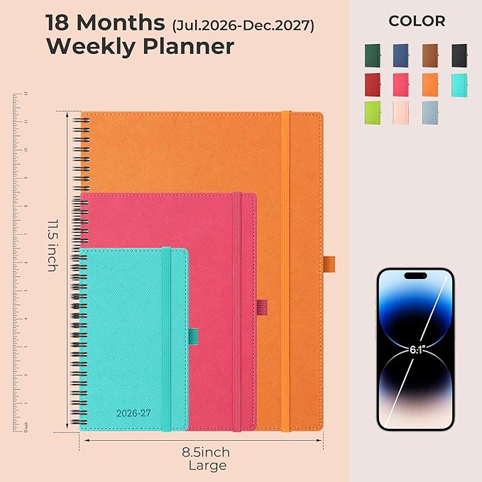Planner 2026-2027 Daily Weekly and Monthly,11.5"x8.5",18 Months Spiral Bound Calendar Agenda with Self-adhesive Pen Holder,2026 Academic Plan with Vegan Leather Soft Cover,Orange