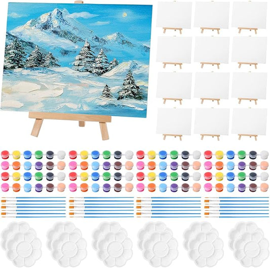 Qilery 12 Set Canvas Painting Kit, Mini Canvas with Wooden Easels Acrylic Paints Strips, Brushes, Palette, Art Set for Acrylic Oil Watercolor Adults Birthday Party Favors(6 x 8 Inch)