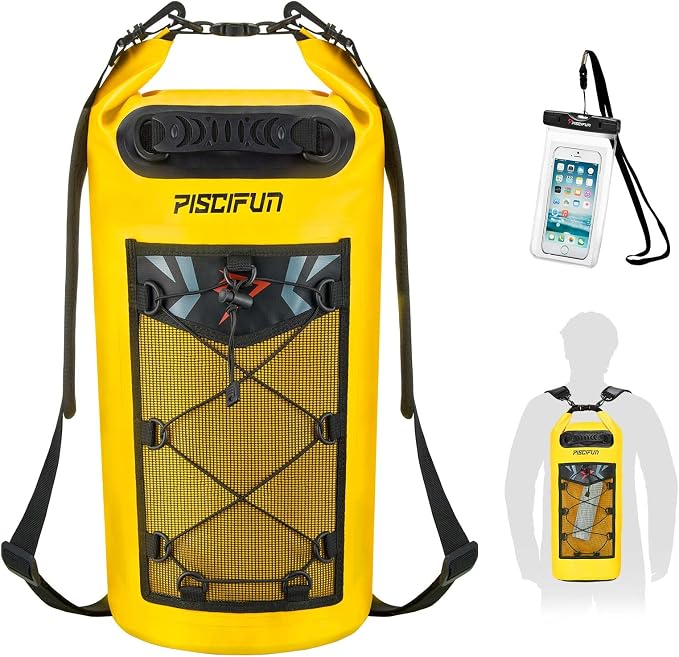 Piscifun Dry Bag, Waterproof Floating Backpack 10L/20L/30L/40L | Waterproof Phone Case, Adjustable shoulder straps, Roll-top closure keeps gear dry, Ideal for Boating, Kayaking, Fishing
