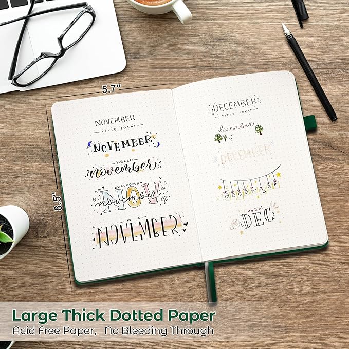 Dotted Journal, Hardcover Notebook, Dot Grid Notebook Journal for Women, Men, Large Leather Journals for Writing, Bullet, No Bleed Thick Paper, A5 Notebooks for Work, School, Notes, 5.7"x8.5", Green