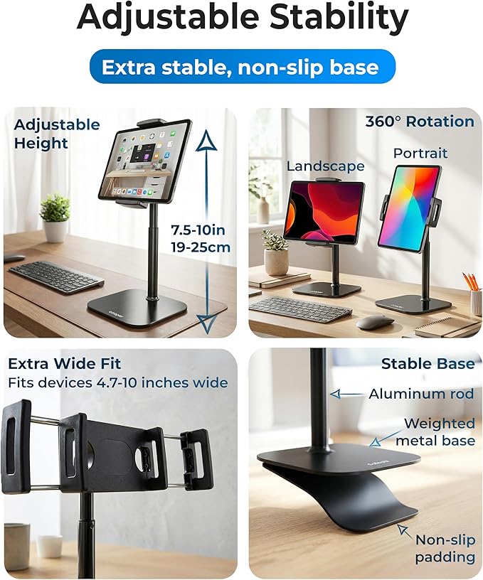 COOPER TabStand Mini, 10" Height Adjustable Tablet Stand, Ipad Stand for Desk, Portable Monitor Holder, Heavy Duty Grip, Tripod iPad Holder, Tablet Mount, for Samsung Tablets, Kindle eReaders (Black)