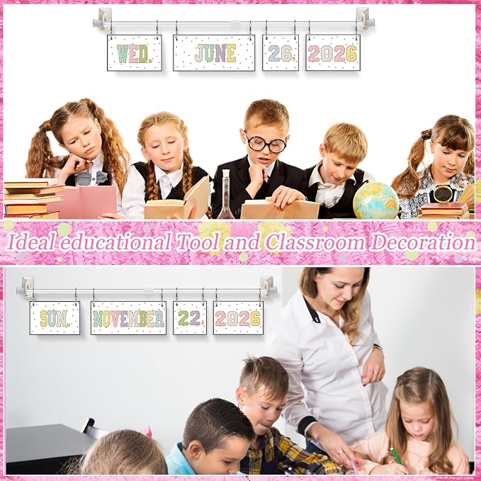 TecUnite Chenille Calendar Bulletin Board Set Colorful Patch Flip Calendar with Adjustable Holder 2026 to 2029 Year 54 Date Cards for Back to School for Classroom Bulletin Board Decor
