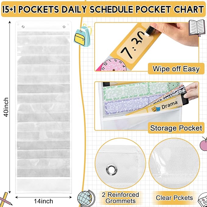 Gueevin Daily Schedule Pocket Chart for Classroom, 15+1 Pockets with 32 Pcs Double-Sided Reusable Cards Daily Schedule Pocket Chart Decor for Classroom School Home Activity Office Supplies(Mix)