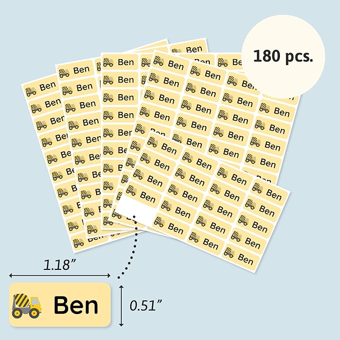 Personalized Name Labels for Kids (180) – Custom Waterproof & Durable Stickers for Clothing, Daycare, Office & School Supplies - Heavy Duty Vehicles