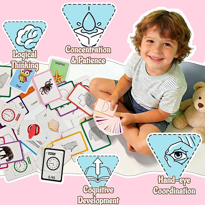4 Set in 1, 144 Pcs Flash Cards for Toddlers 1-3, Word-Picture Recognition - Telling Time, Animal, Shape, Body Parts Flashcards for Toddler 1-3, Flash Cards for Toddlers 1-3
