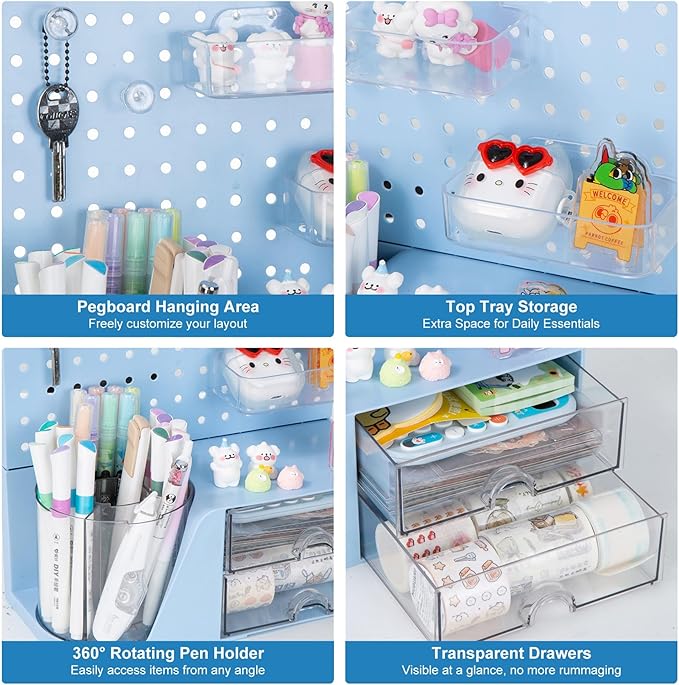Comix Desk Organizer with Drawer, 360° Rotating Pen Holder for Desk, Pen Organizer with 5 Slots Pencil Holder+Pegboard+2 Drawer for Office Home Art Supplies (Blue)