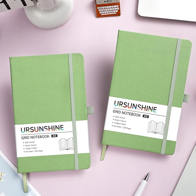 Graph Grid Paper Notebook/Journal - Classic Journal/Notebook with Ribbon Divider, Hardcover with Thick Paper, 5.3" x 8.26", Banded + Pen Holder +Inner Pocket - Light Green