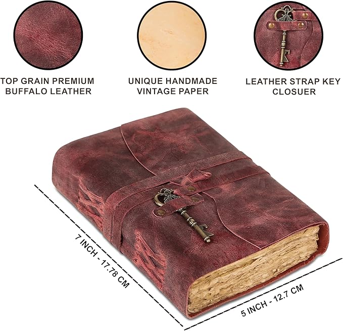 Leather Journal with Deckle Edge Paper 8x6 inch and Vintage Key | Handmade Writing Notebook Diary | Bound Daily Notepad for Men & Women Medium, Sketch/Writing pad for Artists