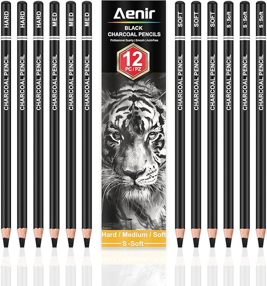 Aenir Charcoal Pencils for drawing, Set of 12, Charcoal Drawing Pencils (S-Soft, Soft, Medium, Hard), Art Supplies for Artist, Sketching, Shading