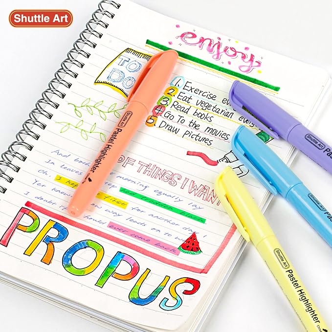 Shuttle Art Highlighters, 15 Colors Pastel Highlighter Pens Assorted Colors, Chisel Tip Dry-Quickly Non-Toxic Highlighter Markers for Adults Students Highlighting in the Home School Office