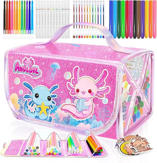 Axolotl Arts and Crafts for Girls Ages 4-5-6-7-8, 70 PCS Art Supplies Set with Kawaii 3D Pink Pencil Case, Washable Dual Markers, Scented Gel Pens, Twist-up Crayons & Axolotl Stickers, Birthday Gift