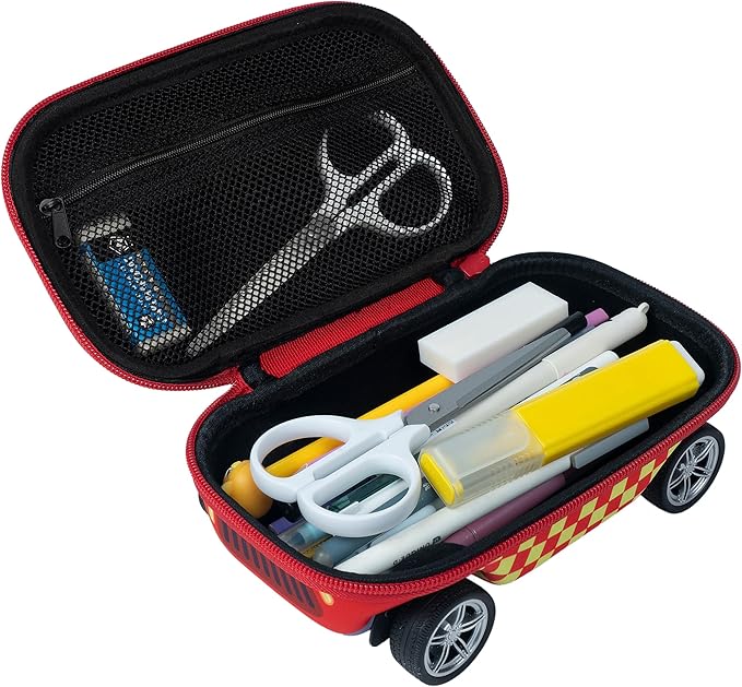 ZIPIT Fire Truck Pencil Case for Boys, Large Capacity Pencil Box for School with Spinning Wheels, Red