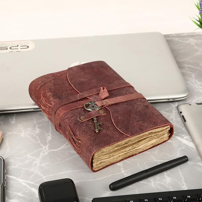 Leather Journal with Deckle Edge Paper 8x6 inch and Vintage Key | Handmade Writing Notebook Diary | Bound Daily Notepad for Men & Women Medium, Sketch/Writing pad for Artists