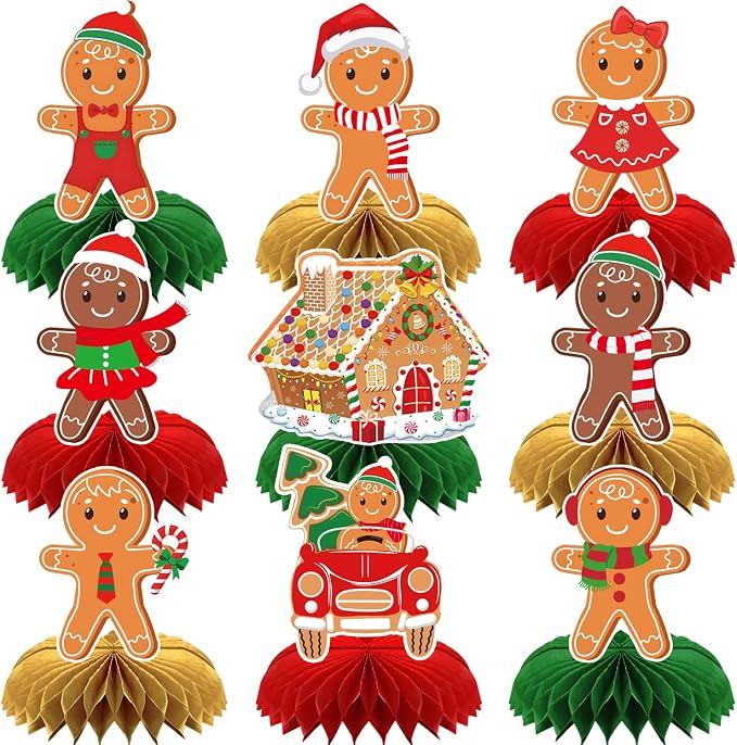 Gingerbread Centerpieces for Tables - 9Pcs Christmas Table Decorations 3D Gingerbread Man Honeycomb Centerpieces Xmas Table Toppers Decorations for Merry Christmas Winter Holiday Party Supplies