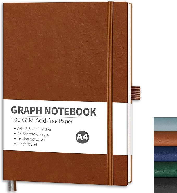 RETTACY Graph Grid Paper Notebook, 96 Pages, A4 Large Size (8.5'' x 11''), 5 Squares per Inch, Leather Softcover, 100 GSM Thick Paper, for School, Students, Math, Engineering (Brown)